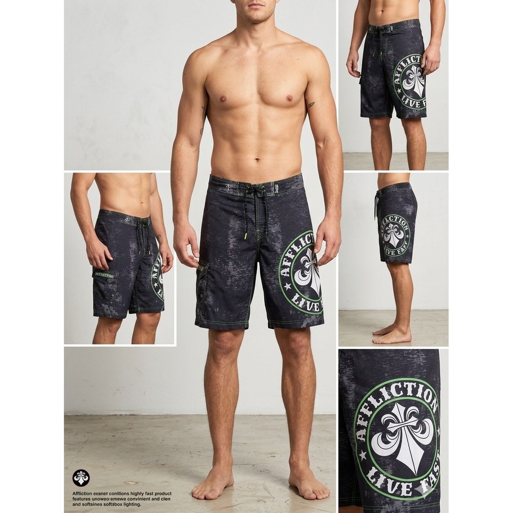 Affliction Board Shorts Men 32 Black Live Fast Fleur De Lis MMA Y2K Swim Trunks